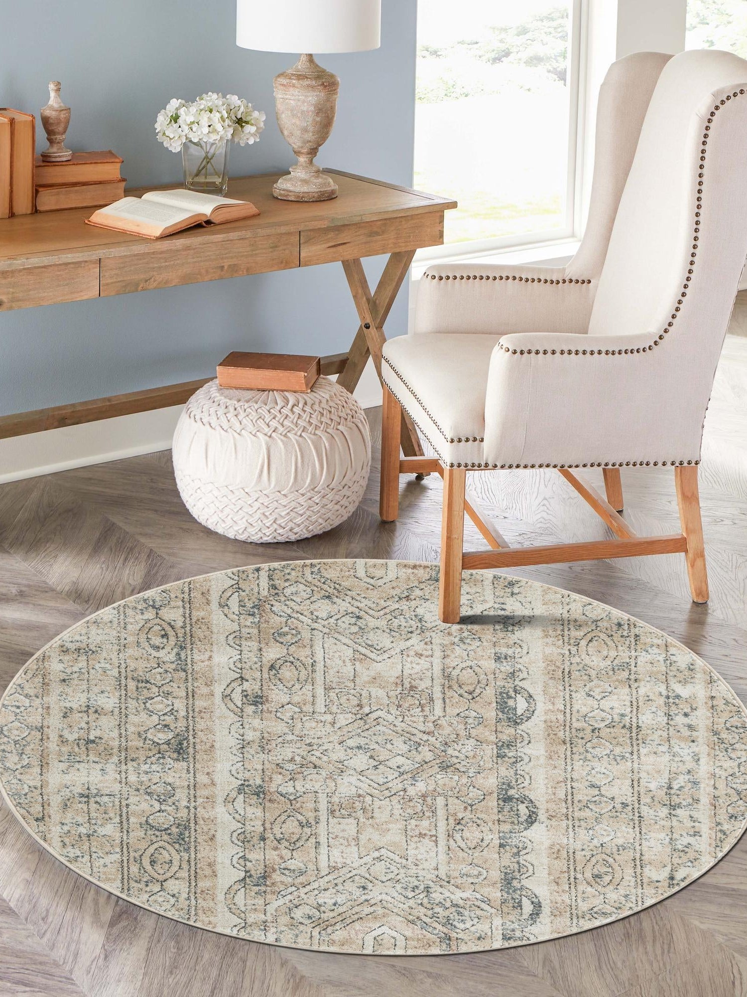 Ivory 3' 1 x 3' 1 Portland Round Area Rug 85% Polypropylene & 15% Polyester Vintage Distressed Traditional Carpet for Home Decor for Sale at Rug Engine