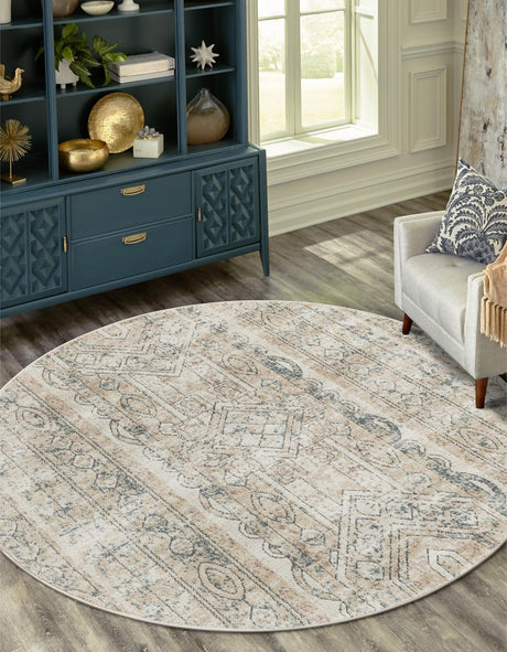 Ivory 5' 3 x 5' 3 Portland Round Area Rug 85% Polypropylene & 15% Polyester Vintage Distressed Traditional Carpet for Home Decor for Sale at Rug Engine