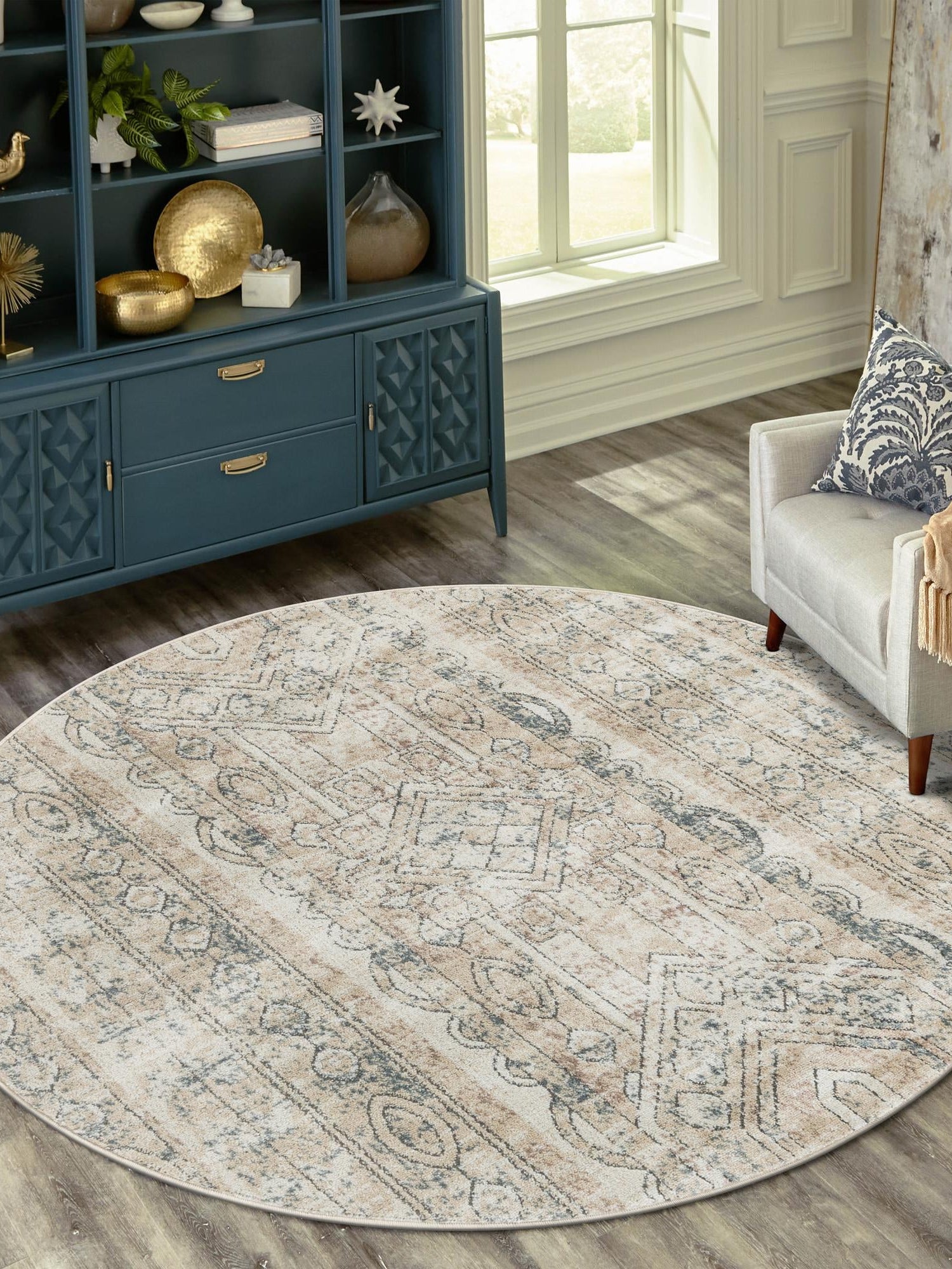 Ivory 7' 1 x 7' 1 Portland Round Area Rug 85% Polypropylene & 15% Polyester Vintage Distressed Traditional Carpet for Home Decor for Sale at Rug Engine