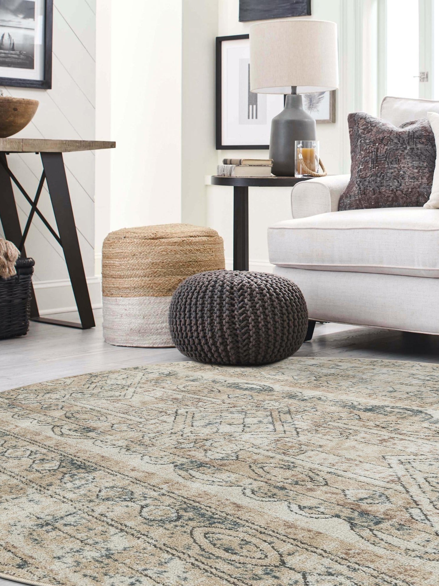 Ivory 7' 1 x 7' 1 Portland Round Area Rug 85% Polypropylene & 15% Polyester Vintage Distressed Traditional Carpet for Home Decor for Sale at Rug Engine