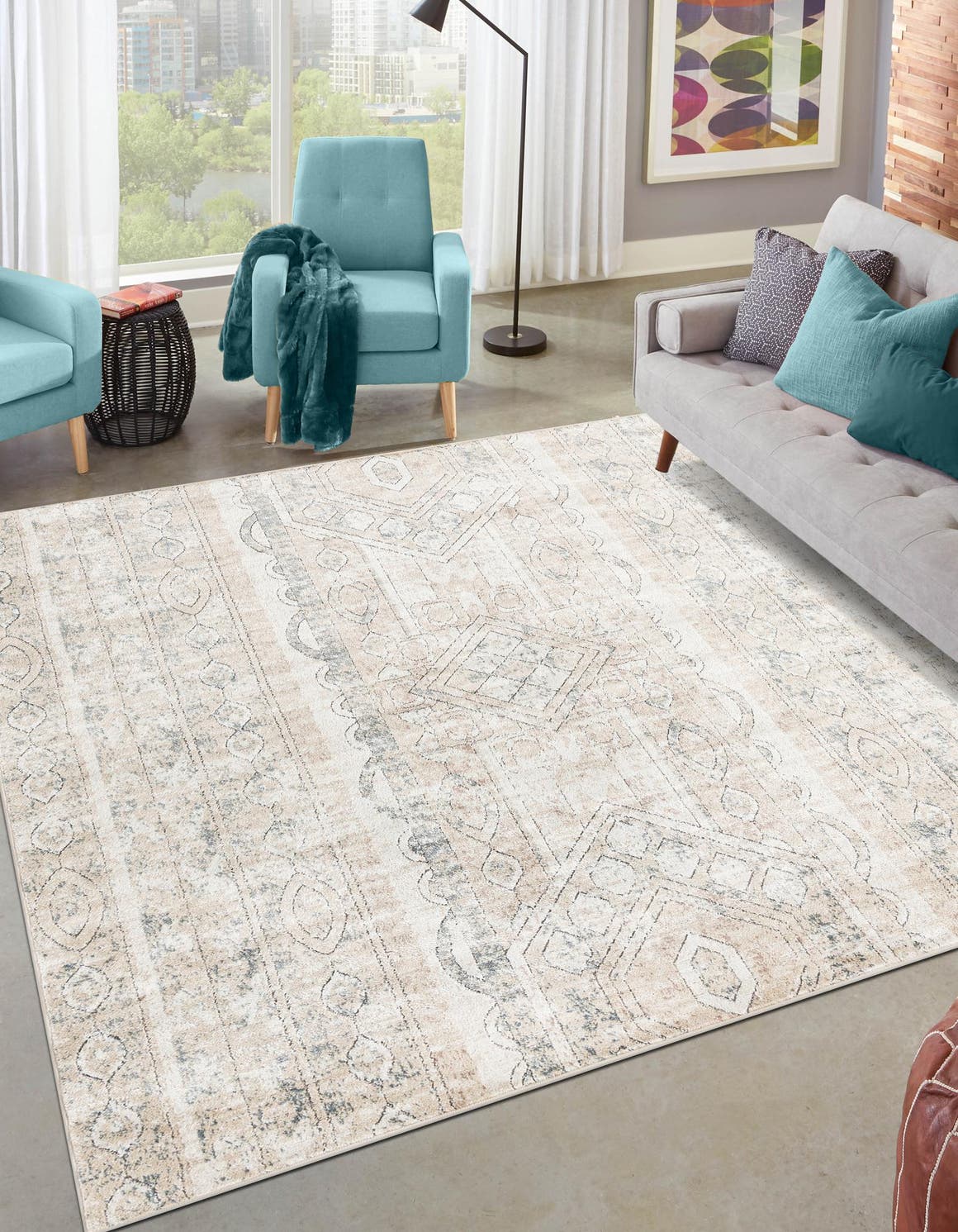 Ivory 7' 10 x 7' 10 Portland Square Area Rug 85% Polypropylene & 15% Polyester Vintage Distressed Traditional Carpet for Home Decor for Sale at Rug Engine