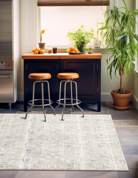 Ivory 7' 10 x 7' 10 Portland Square Area Rug 85% Polypropylene & 15% Polyester Vintage Distressed Traditional Carpet for Home Decor for Sale at Rug Engine