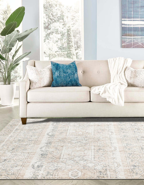 Ivory 7' 10 x 7' 10 Portland Square Area Rug 85% Polypropylene & 15% Polyester Vintage Distressed Traditional Carpet for Home Decor for Sale at Rug Engine