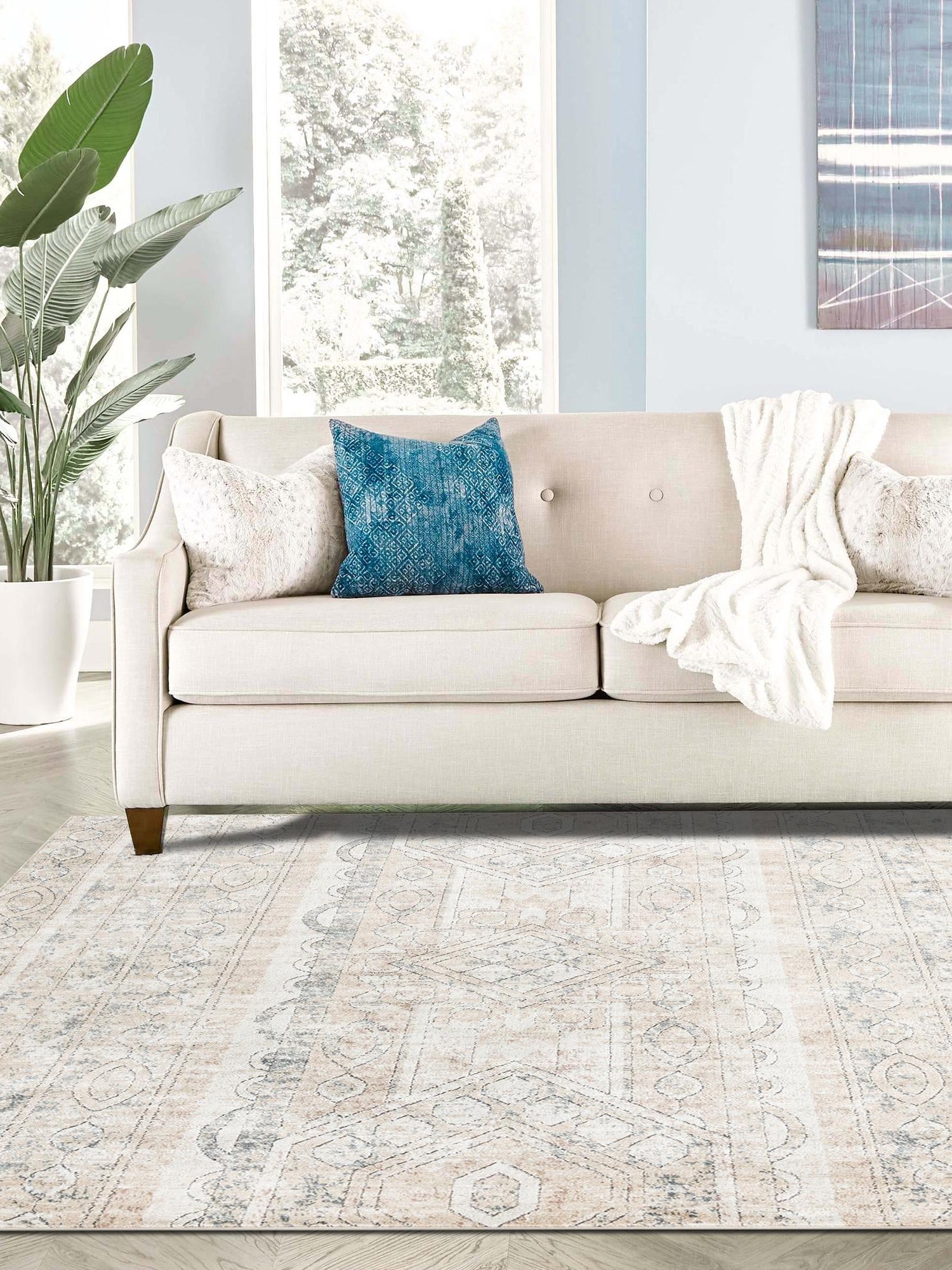 Ivory 6' 1 x 6' 1 Portland Square Area Rug 85% Polypropylene & 15% Polyester Vintage Distressed Traditional Carpet for Home Decor for Sale at Rug Engine
