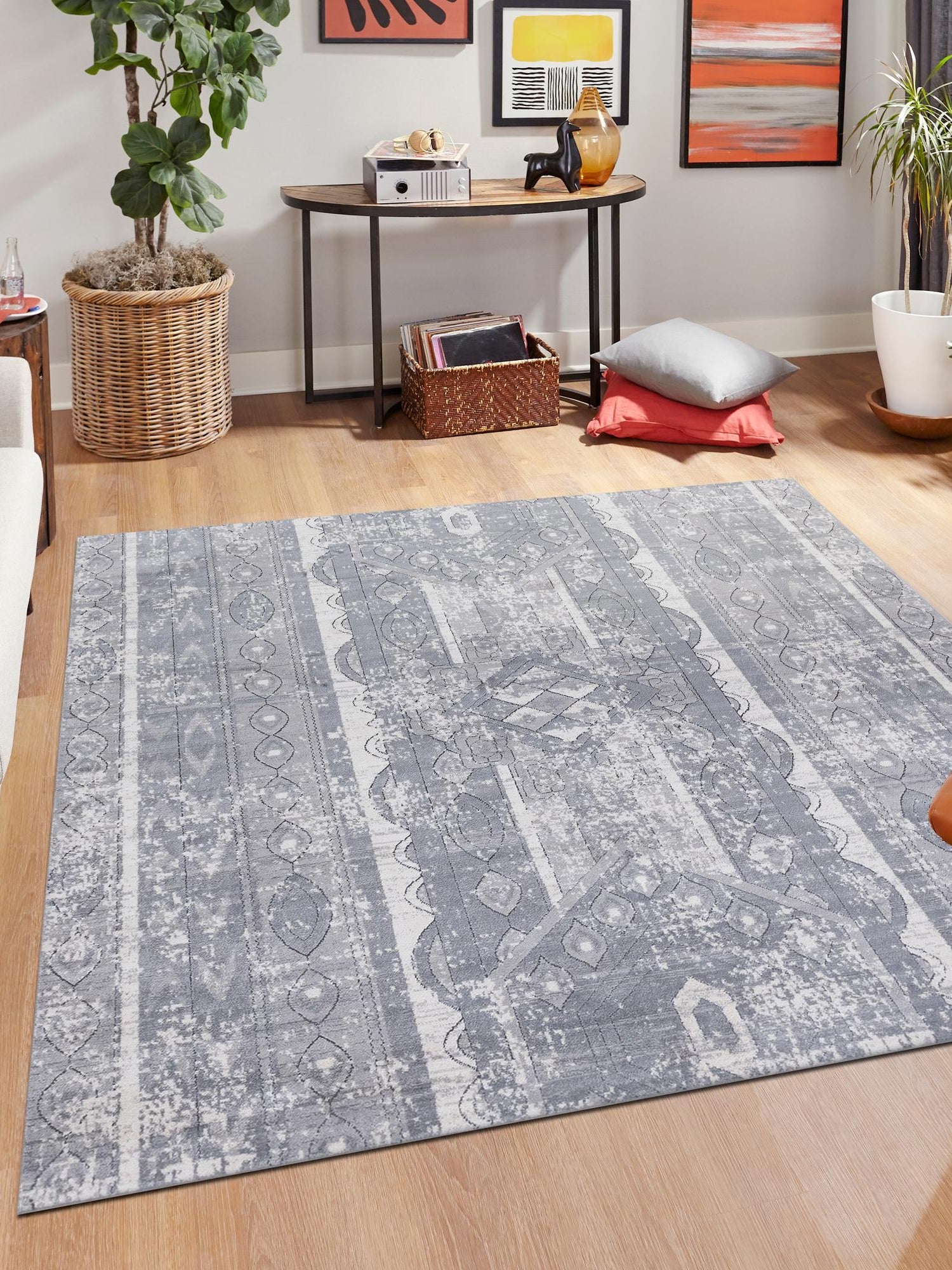 Gray 7' 10 x 7' 10 Portland Square Area Rug 85% Polypropylene & 15% Polyester Vintage Distressed Traditional Carpet for Home Decor for Sale at Rug Engine
