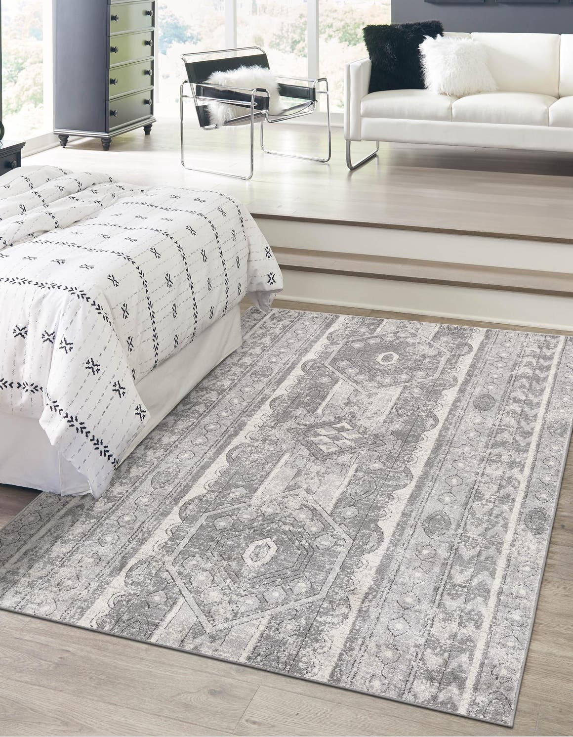 Gray 7' 10 x 10' Portland Rectangle Area Rug 85% Polypropylene & 15% Polyester Vintage Distressed Traditional Carpet for Home Decor for Sale at Rug Engine