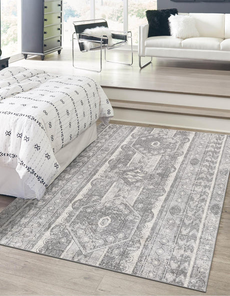 Gray 9' x 12' Portland Rectangle Area Rug 85% Polypropylene & 15% Polyester Vintage Distressed Traditional Carpet for Home Decor for Sale at Rug Engine