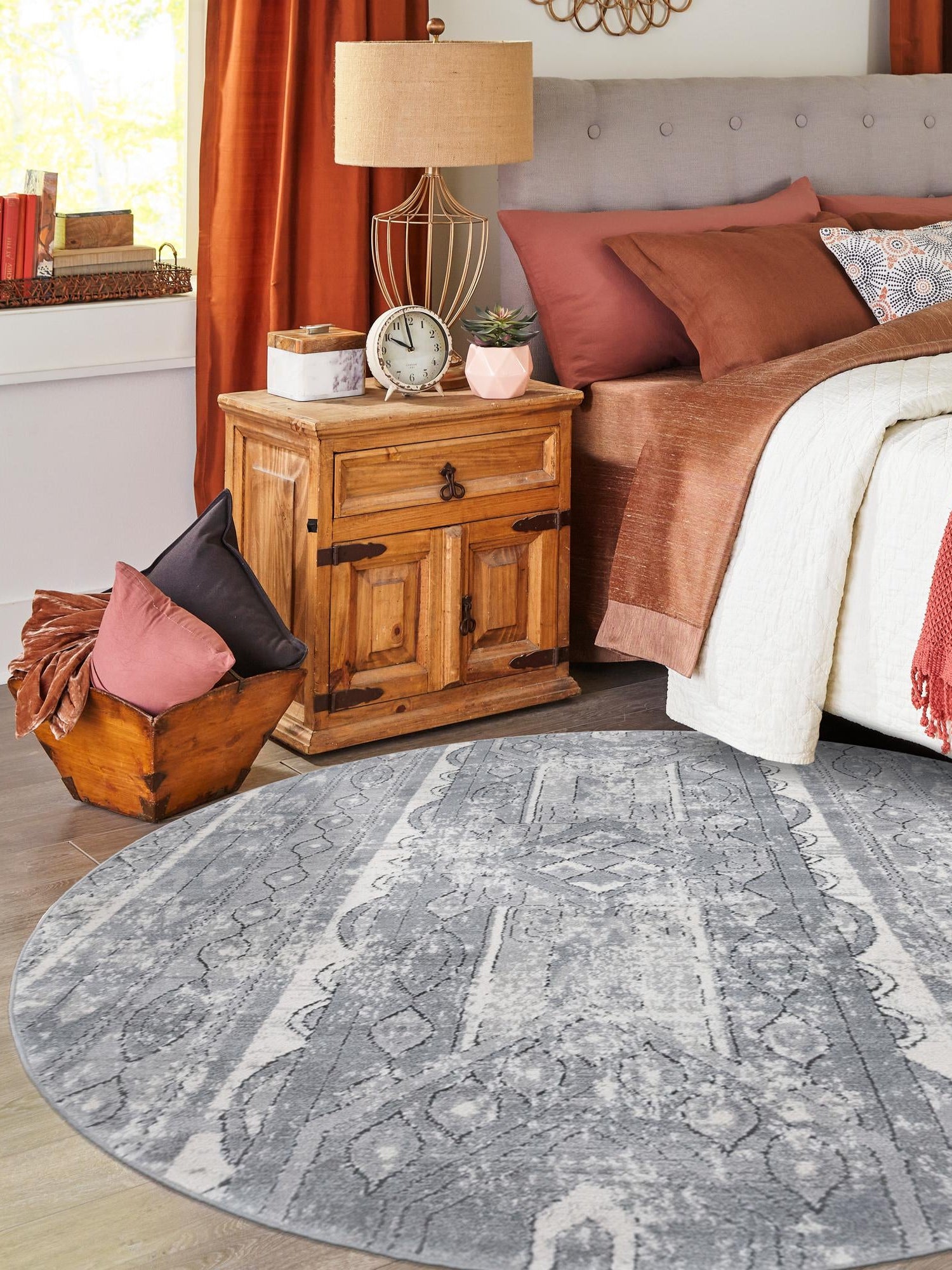 Gray 7' 1 x 7' 1 Portland Round Area Rug 85% Polypropylene & 15% Polyester Vintage Distressed Traditional Carpet for Home Decor for Sale at Rug Engine