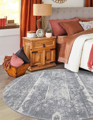 Gray 7' 1 x 7' 1 Portland Round Area Rug 85% Polypropylene & 15% Polyester Vintage Distressed Traditional Carpet for Home Decor for Sale at Rug Engine