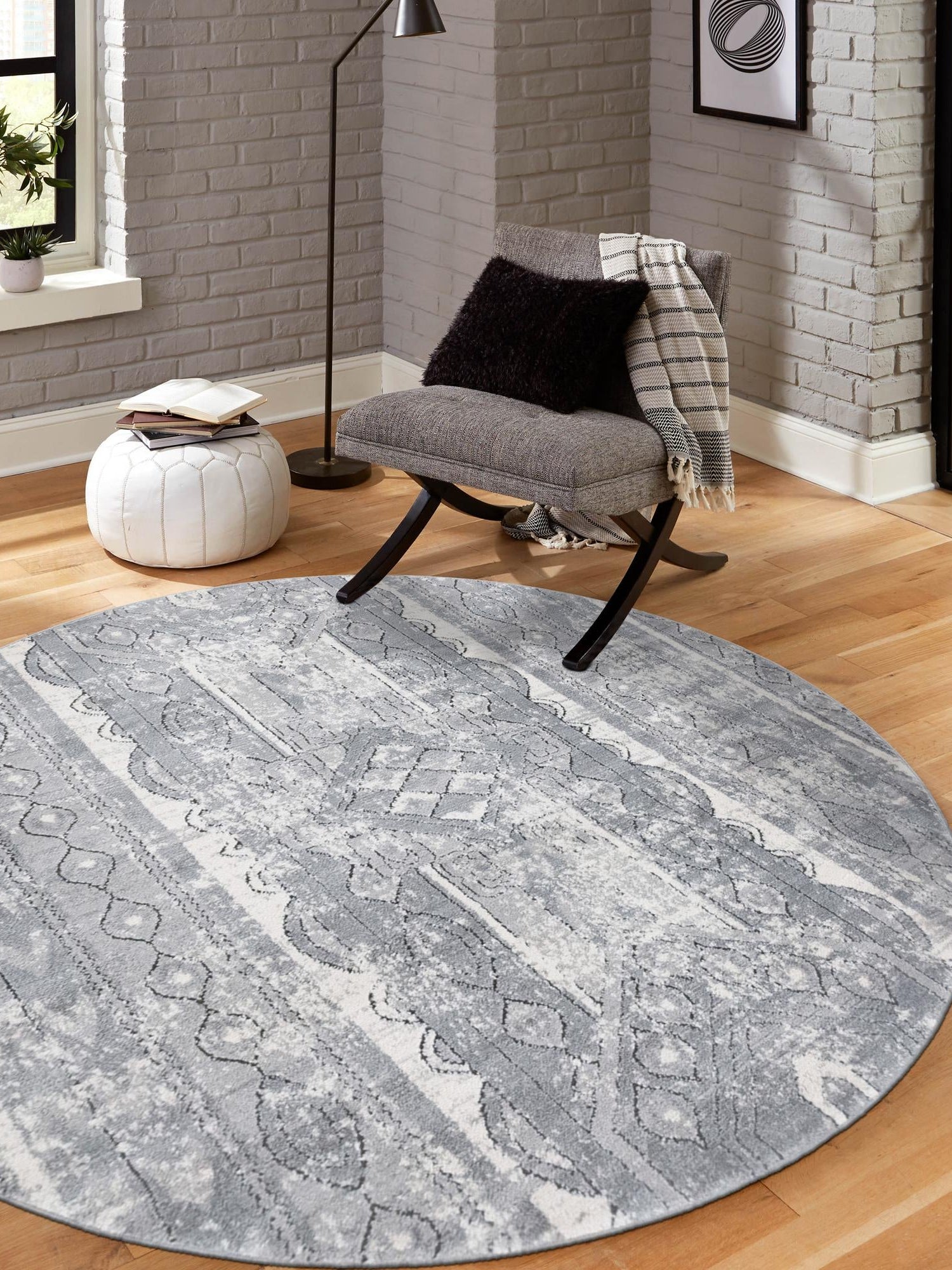 Gray 7' 1 x 7' 1 Portland Round Area Rug 85% Polypropylene & 15% Polyester Vintage Distressed Traditional Carpet for Home Decor for Sale at Rug Engine
