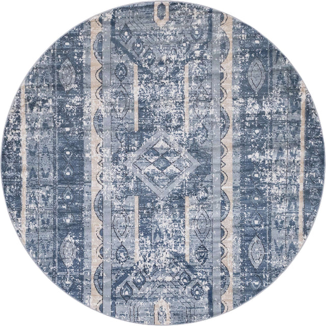 Blue 7' 1 x 7' 1 Portland Round Area Rug 85% Polypropylene & 15% Polyester Vintage Distressed Traditional Carpet for Home Decor for Sale at Rug Engine