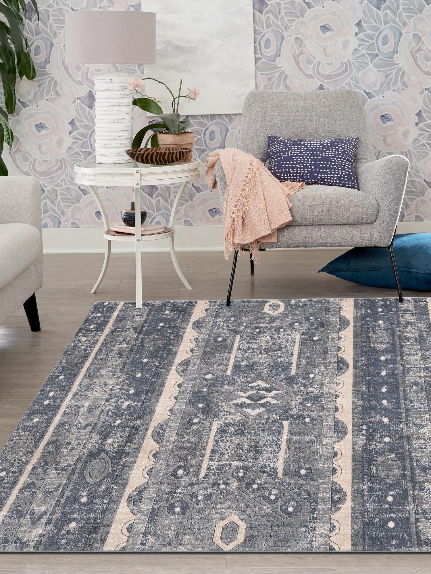 Blue 4' 1 x 4' 1 Portland Square Area Rug 85% Polypropylene & 15% Polyester Vintage Distressed Traditional Carpet for Home Decor for Sale at Rug Engine