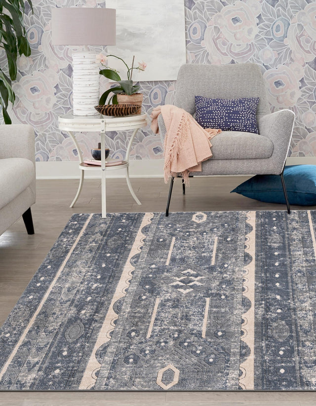 Blue 4' 1 x 4' 1 Portland Square Area Rug 85% Polypropylene & 15% Polyester Vintage Distressed Traditional Carpet for Home Decor for Sale at Rug Engine