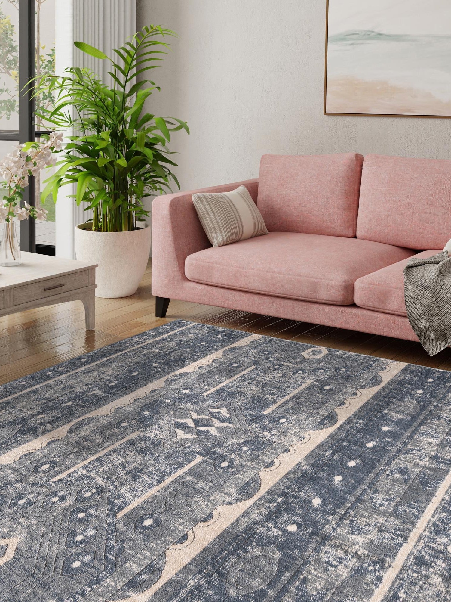 Blue 6' 1 x 6' 1 Portland Square Area Rug 85% Polypropylene & 15% Polyester Vintage Distressed Traditional Carpet for Home Decor for Sale at Rug Engine