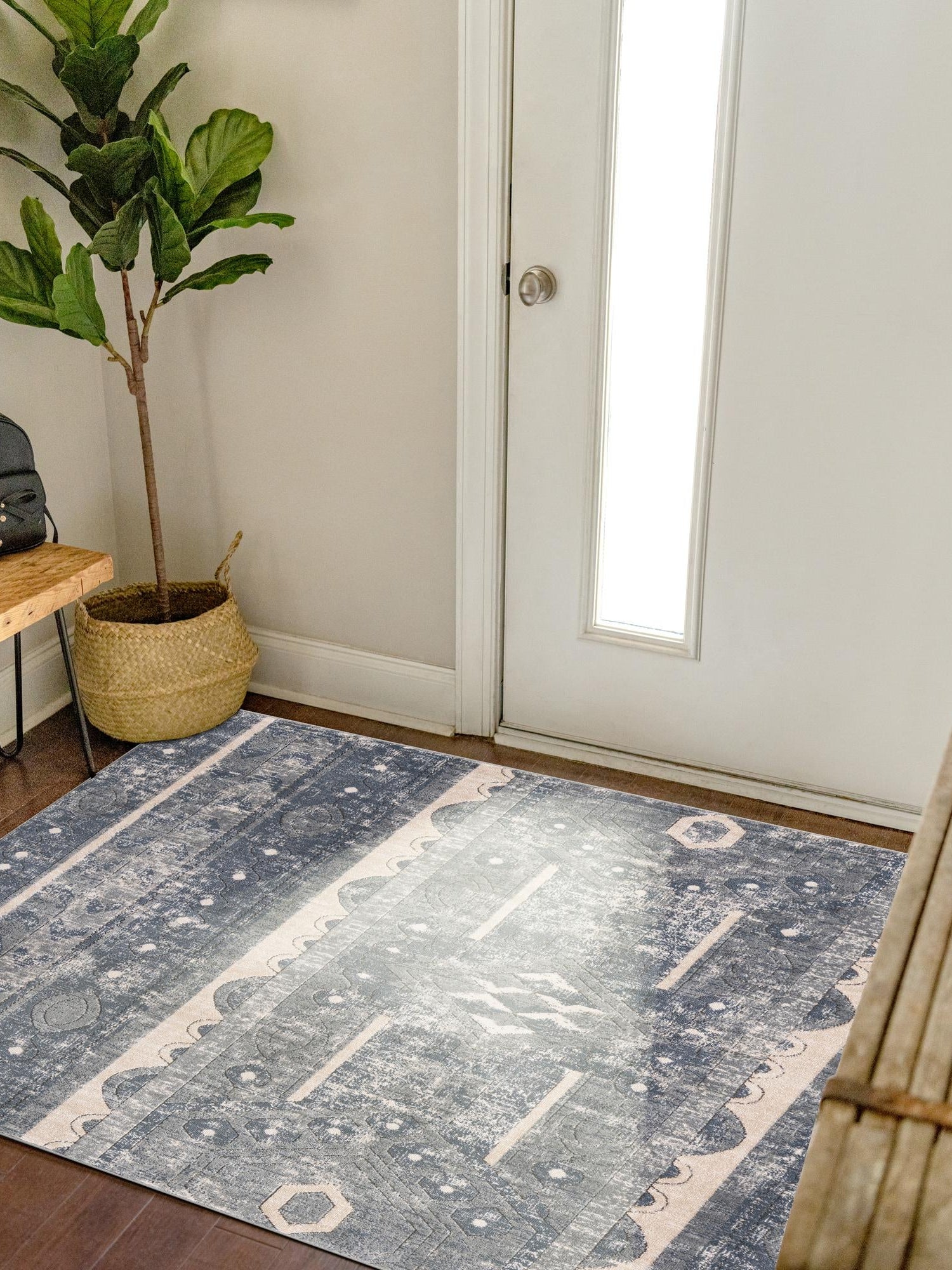 Blue 4' 1 x 4' 1 Portland Square Area Rug 85% Polypropylene & 15% Polyester Vintage Distressed Traditional Carpet for Home Decor for Sale at Rug Engine