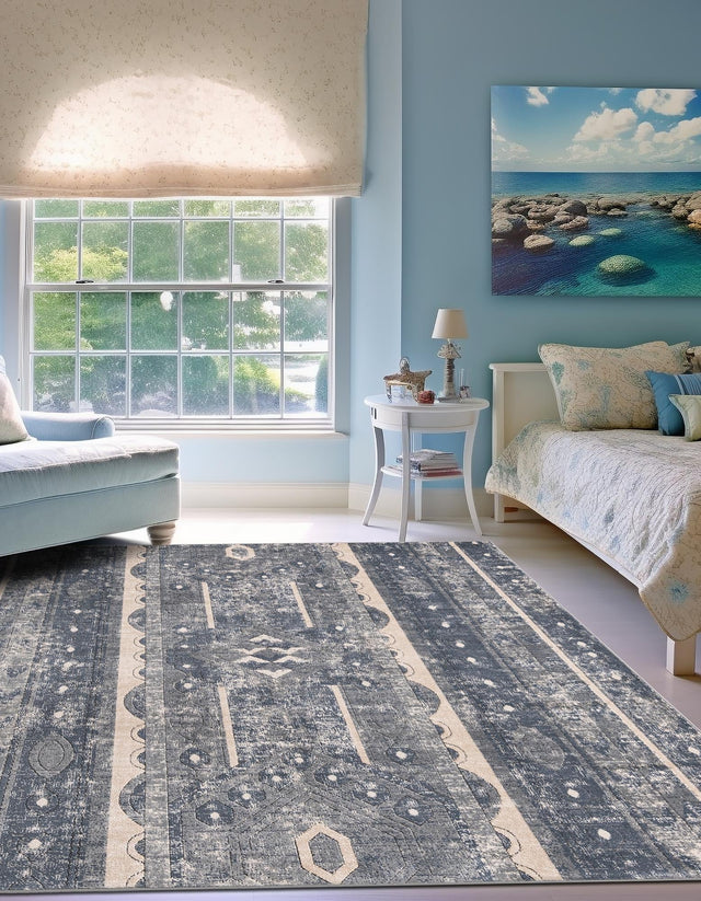 Blue 7' 10 x 7' 10 Portland Square Area Rug 85% Polypropylene & 15% Polyester Vintage Distressed Traditional Carpet for Home Decor for Sale at Rug Engine