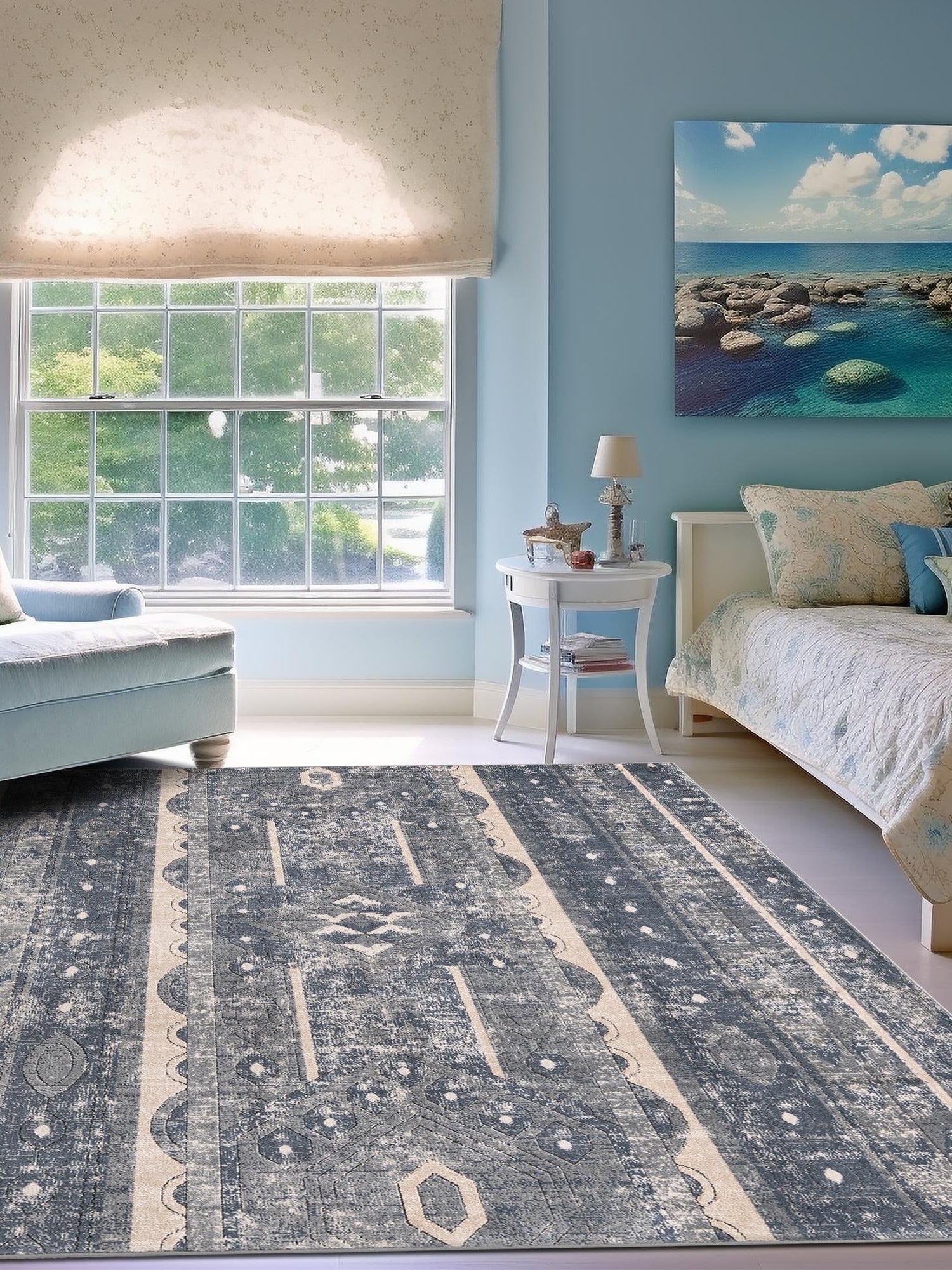 Blue 6' 1 x 6' 1 Portland Square Area Rug 85% Polypropylene & 15% Polyester Vintage Distressed Traditional Carpet for Home Decor for Sale at Rug Engine