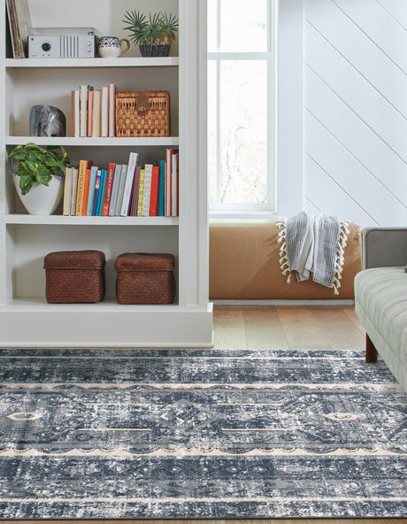 Blue 7' 10 x 11' Portland Rectangle Area Rug 85% Polypropylene & 15% Polyester Vintage Distressed Traditional Carpet for Home Decor for Sale at Rug Engine