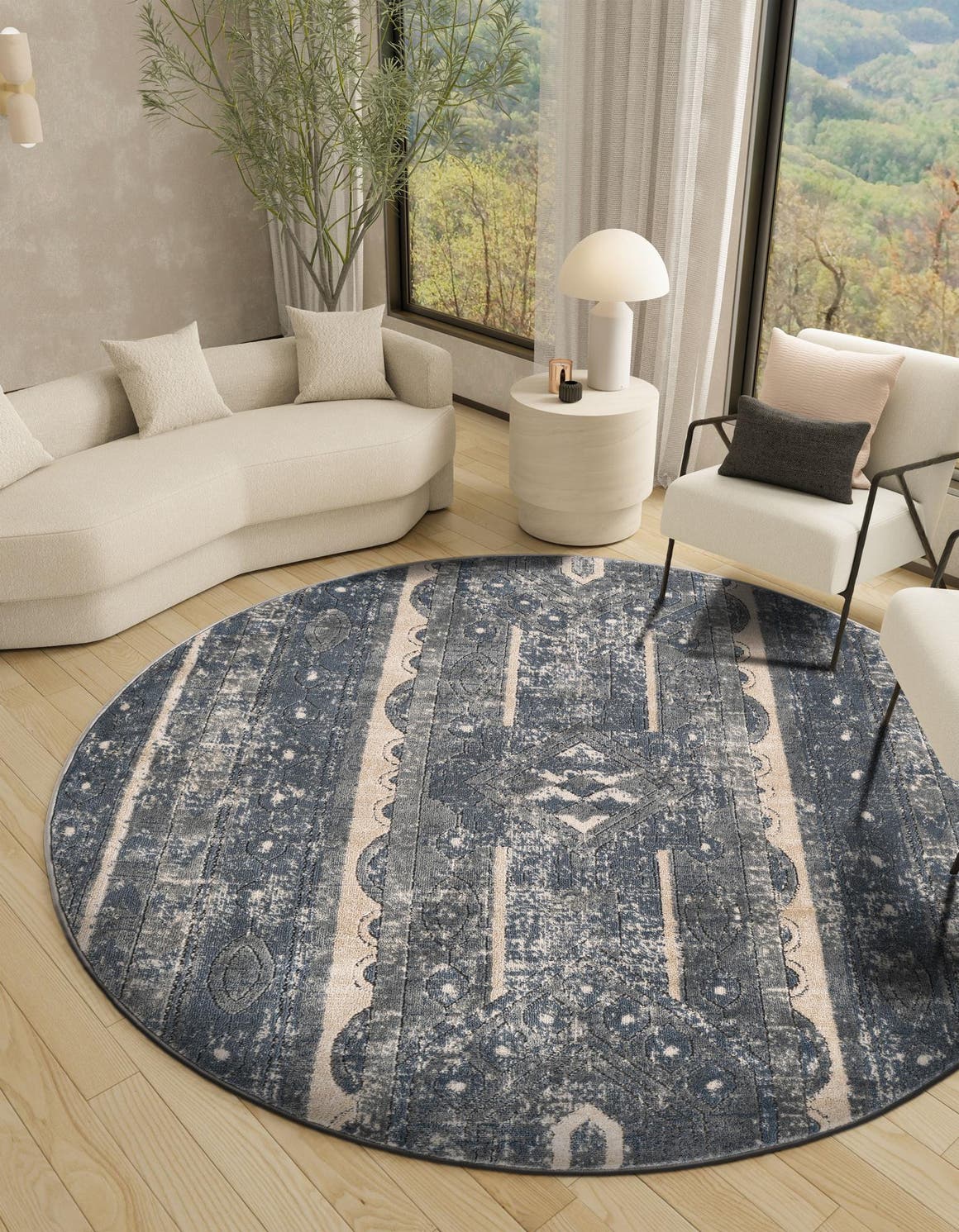 Blue 7' 1 x 7' 1 Portland Round Area Rug 85% Polypropylene & 15% Polyester Vintage Distressed Traditional Carpet for Home Decor for Sale at Rug Engine