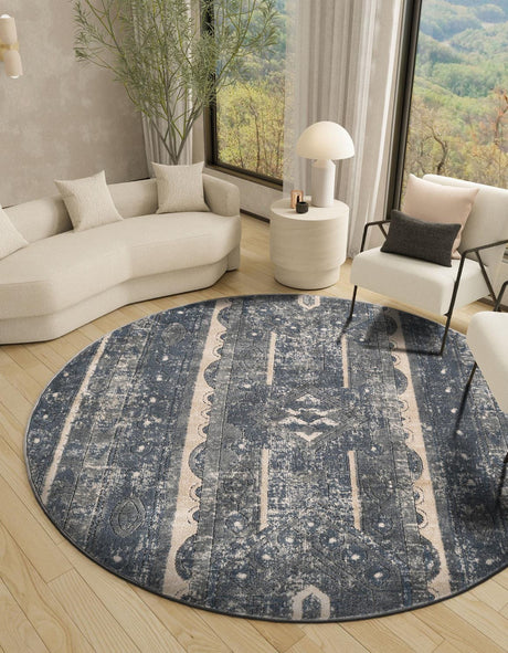 Blue 7' 1 x 7' 1 Portland Round Area Rug 85% Polypropylene & 15% Polyester Vintage Distressed Traditional Carpet for Home Decor for Sale at Rug Engine