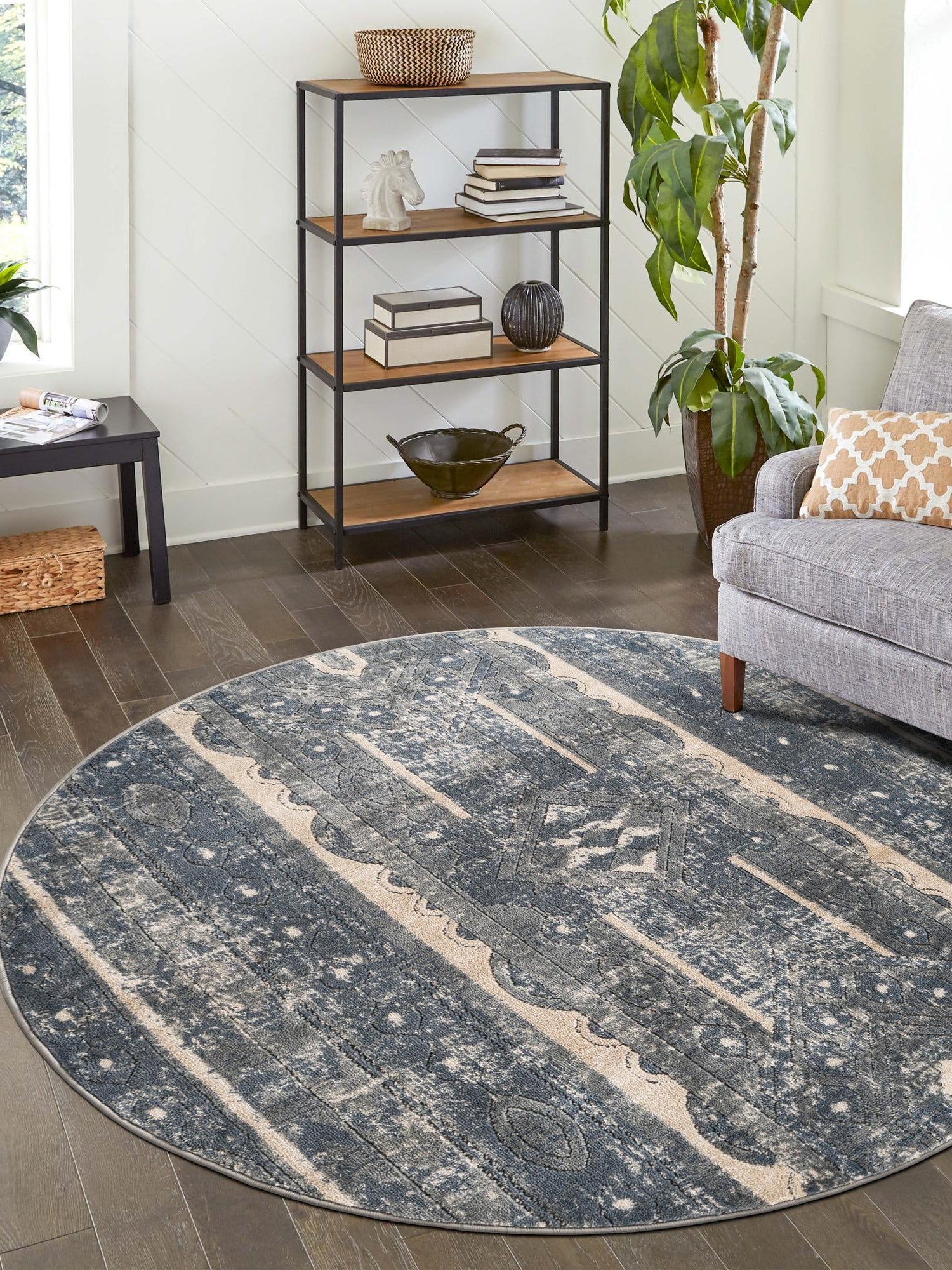 Blue 5' 3 x 5' 3 Portland Round Area Rug 85% Polypropylene & 15% Polyester Vintage Distressed Traditional Carpet for Home Decor for Sale at Rug Engine