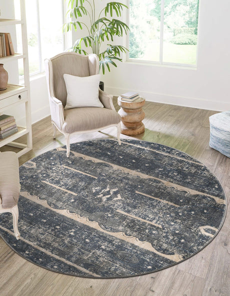 Blue 3' 1 x 3' 1 Portland Round Area Rug 85% Polypropylene & 15% Polyester Vintage Distressed Traditional Carpet for Home Decor for Sale at Rug Engine
