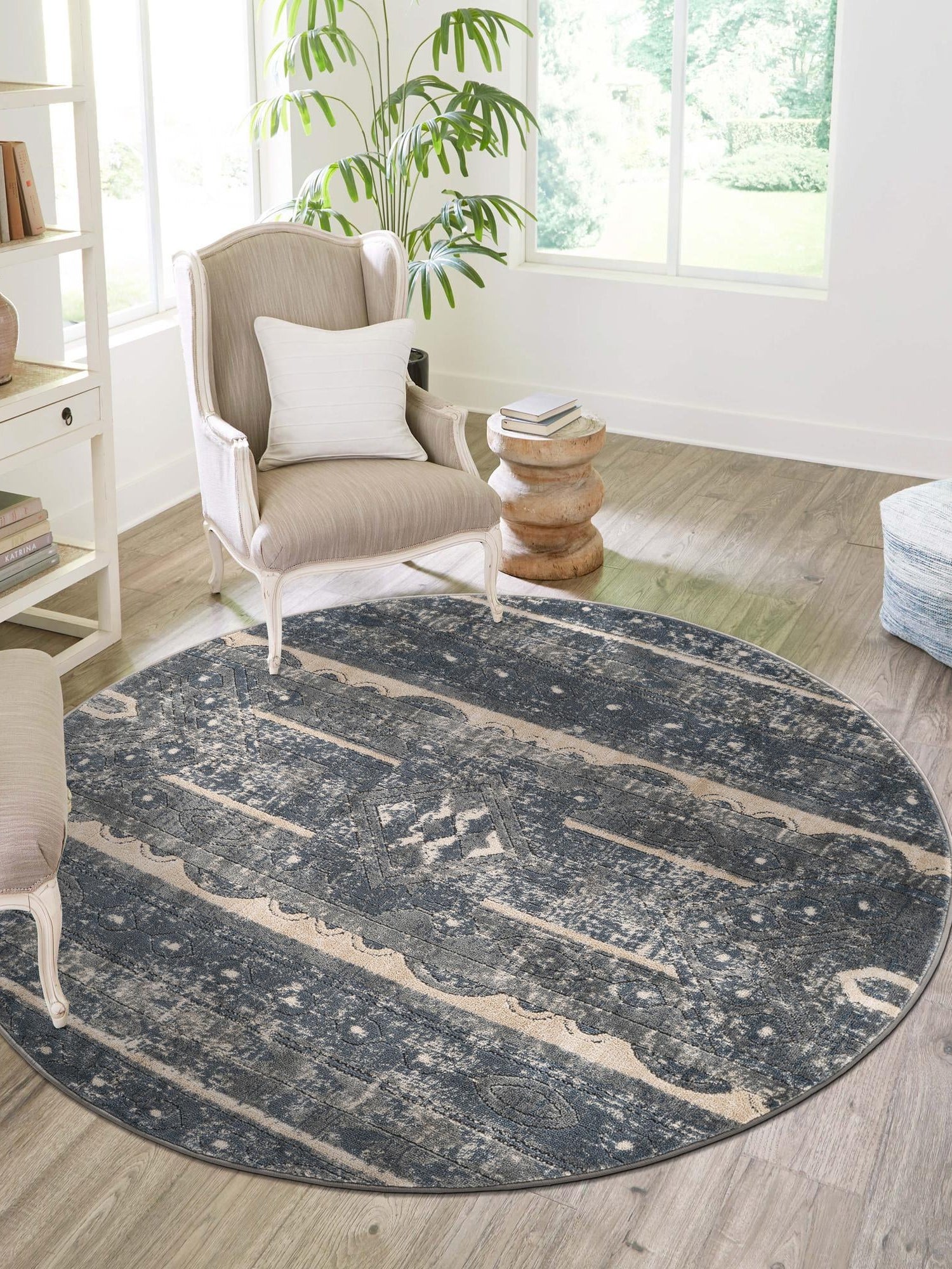 Blue 5' 3 x 5' 3 Portland Round Area Rug 85% Polypropylene & 15% Polyester Vintage Distressed Traditional Carpet for Home Decor for Sale at Rug Engine