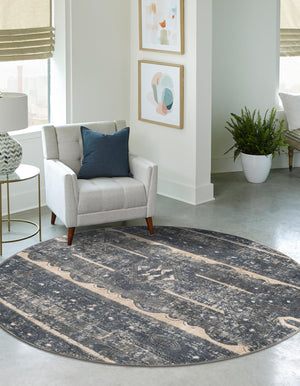Blue 5' 3 x 5' 3 Portland Round Area Rug 85% Polypropylene & 15% Polyester Vintage Distressed Traditional Carpet for Home Decor for Sale at Rug Engine