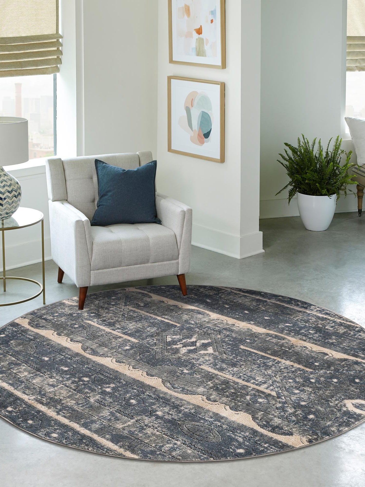 Blue 3' 1 x 3' 1 Portland Round Area Rug 85% Polypropylene & 15% Polyester Vintage Distressed Traditional Carpet for Home Decor for Sale at Rug Engine