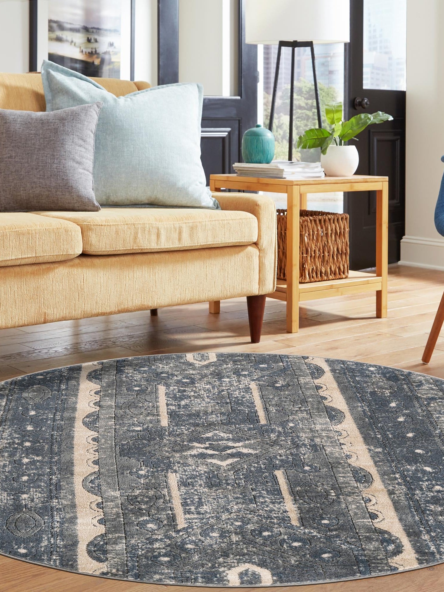 Blue 3' 1 x 3' 1 Portland Round Area Rug 85% Polypropylene & 15% Polyester Vintage Distressed Traditional Carpet for Home Decor for Sale at Rug Engine