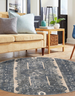 Blue 5' 3 x 5' 3 Portland Round Area Rug 85% Polypropylene & 15% Polyester Vintage Distressed Traditional Carpet for Home Decor for Sale at Rug Engine