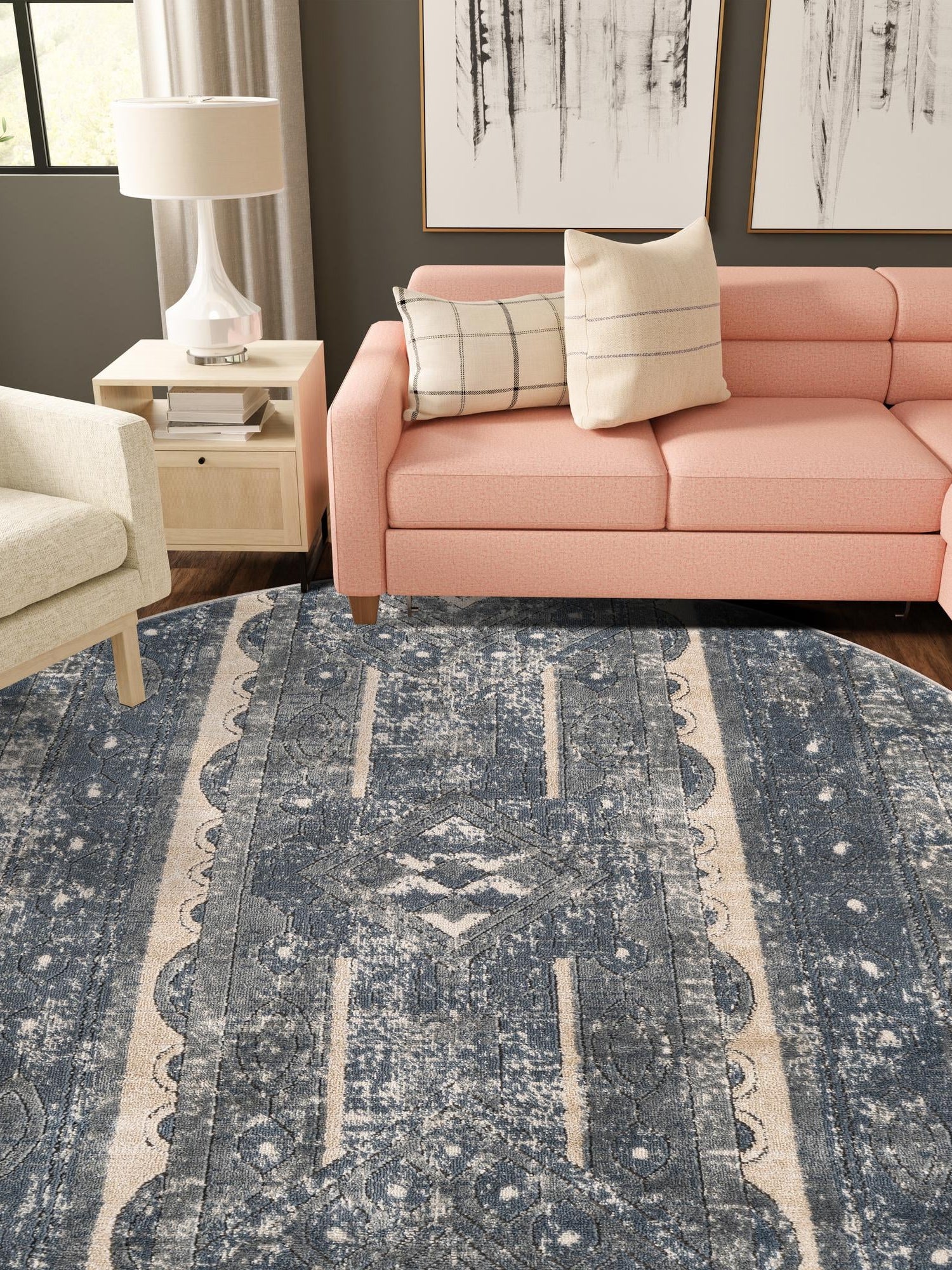 Blue 5' 3 x 5' 3 Portland Round Area Rug 85% Polypropylene & 15% Polyester Vintage Distressed Traditional Carpet for Home Decor for Sale at Rug Engine
