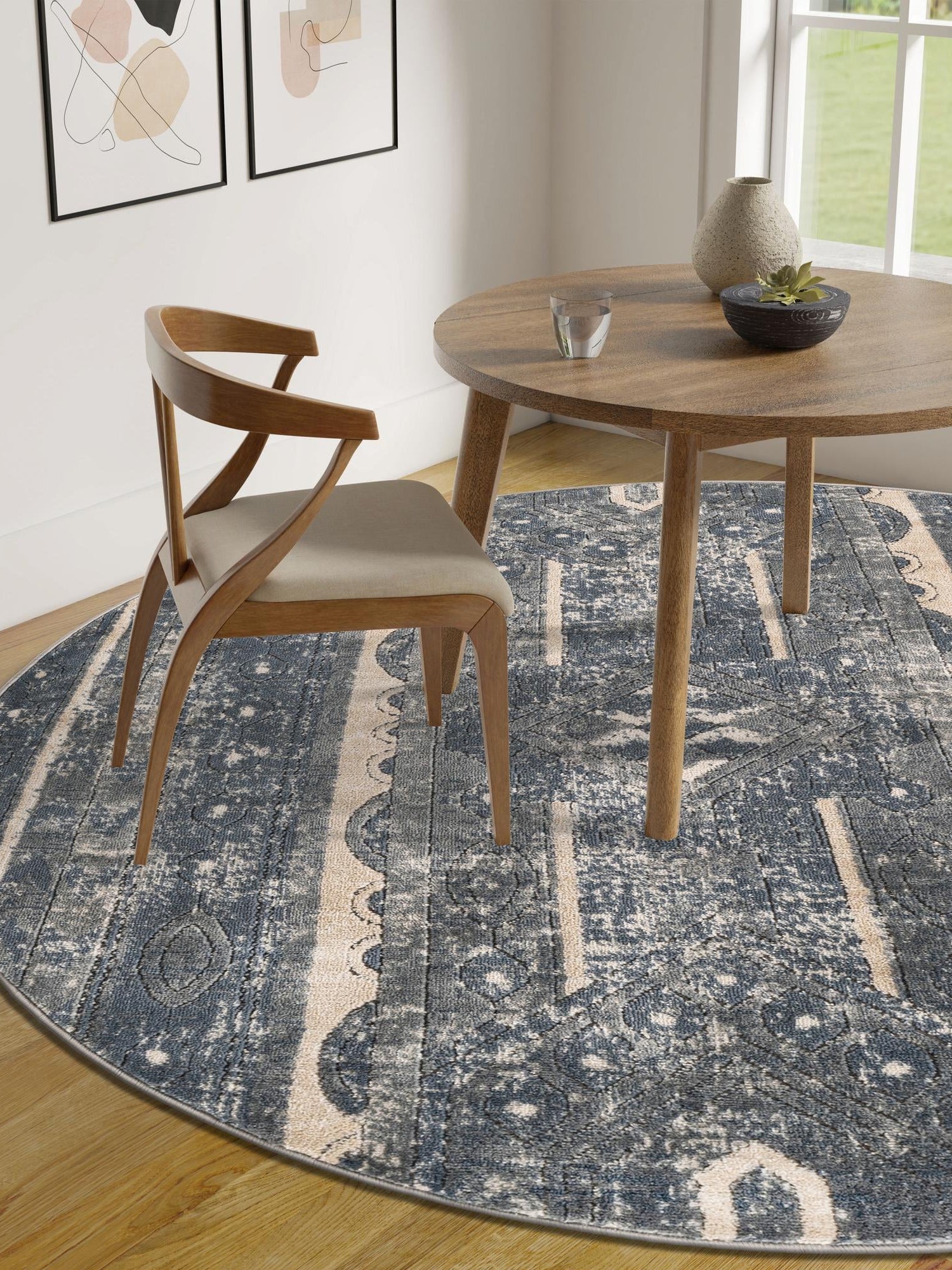 Blue 5' 3 x 5' 3 Portland Round Area Rug 85% Polypropylene & 15% Polyester Vintage Distressed Traditional Carpet for Home Decor for Sale at Rug Engine