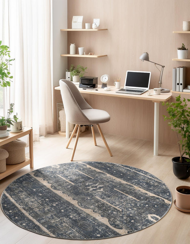 Blue 7' 1 x 7' 1 Portland Round Area Rug 85% Polypropylene & 15% Polyester Vintage Distressed Traditional Carpet for Home Decor for Sale at Rug Engine