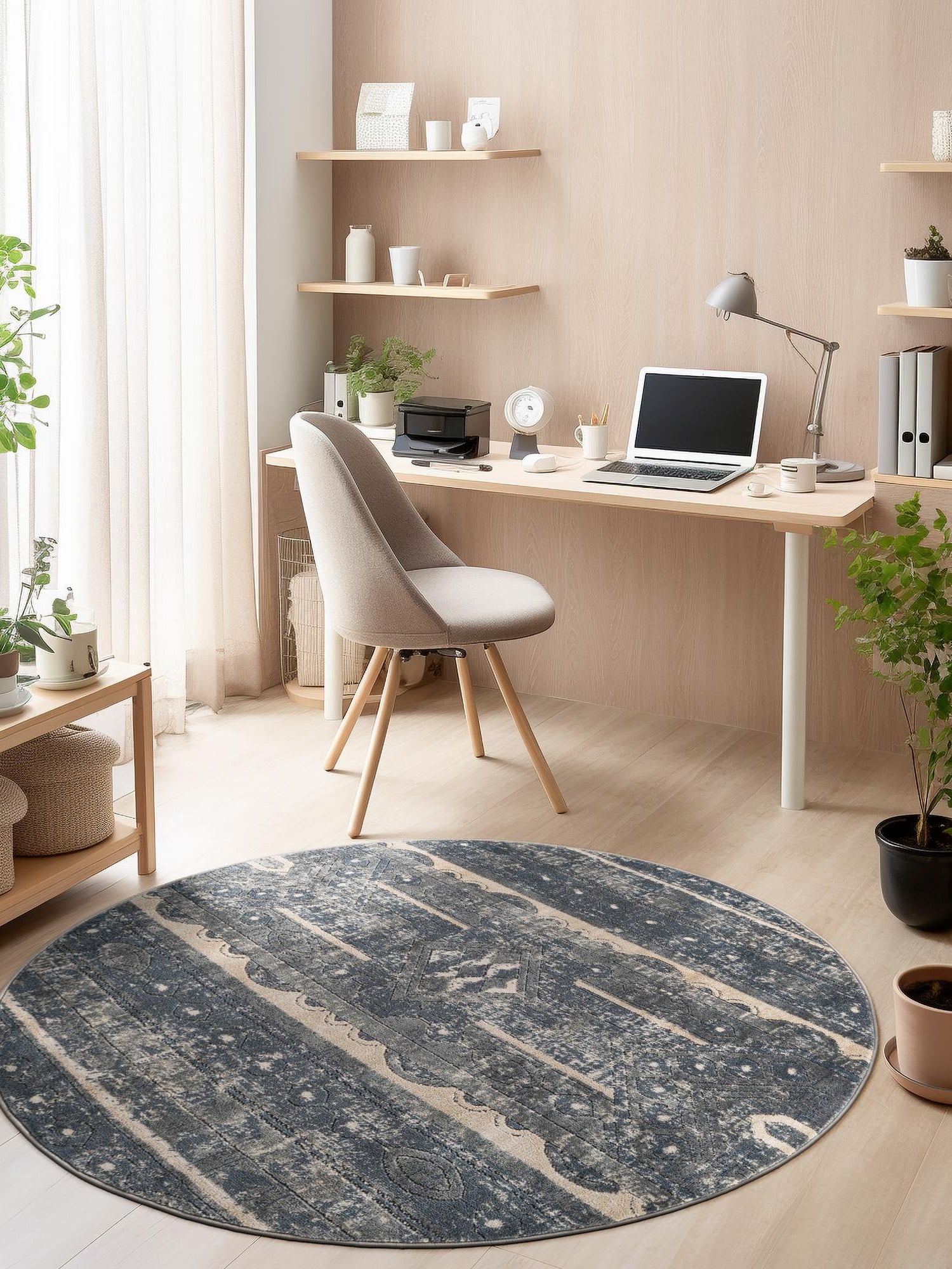 Blue 5' 3 x 5' 3 Portland Round Area Rug 85% Polypropylene & 15% Polyester Vintage Distressed Traditional Carpet for Home Decor for Sale at Rug Engine