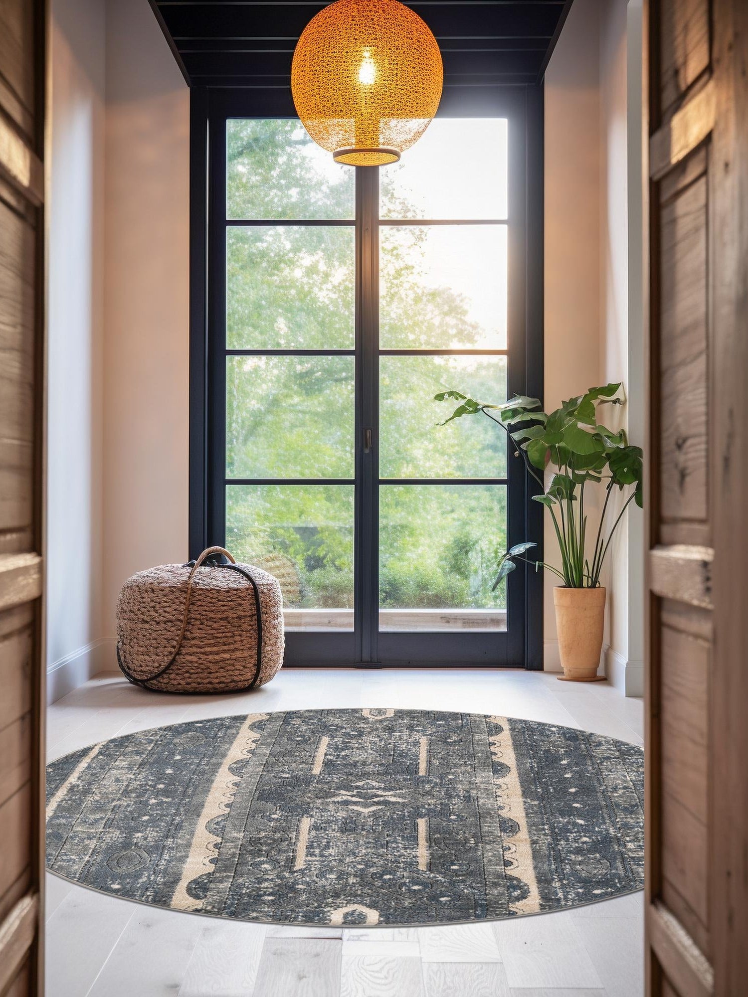 Blue 3' 1 x 3' 1 Portland Round Area Rug 85% Polypropylene & 15% Polyester Vintage Distressed Traditional Carpet for Home Decor for Sale at Rug Engine