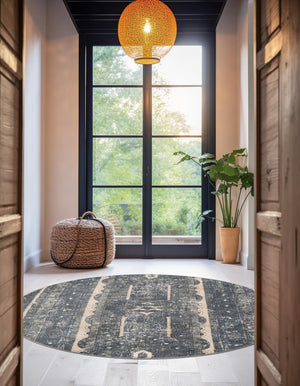 Blue 3' 1 x 3' 1 Portland Round Area Rug 85% Polypropylene & 15% Polyester Vintage Distressed Traditional Carpet for Home Decor for Sale at Rug Engine