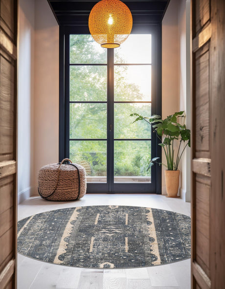 Blue 3' 1 x 3' 1 Portland Round Area Rug 85% Polypropylene & 15% Polyester Vintage Distressed Traditional Carpet for Home Decor for Sale at Rug Engine