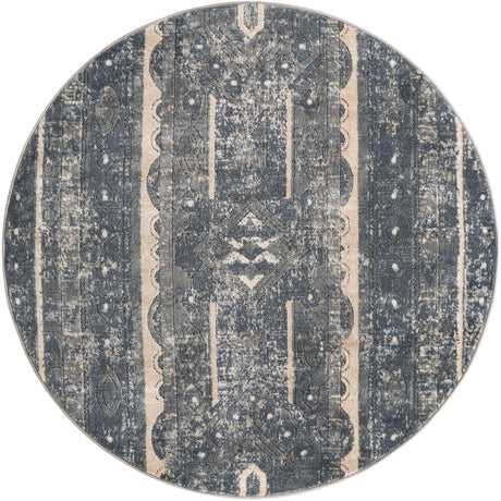 Blue 5' 3 x 5' 3 Portland Round Area Rug 85% Polypropylene & 15% Polyester Vintage Distressed Traditional Carpet for Home Decor for Sale at Rug Engine