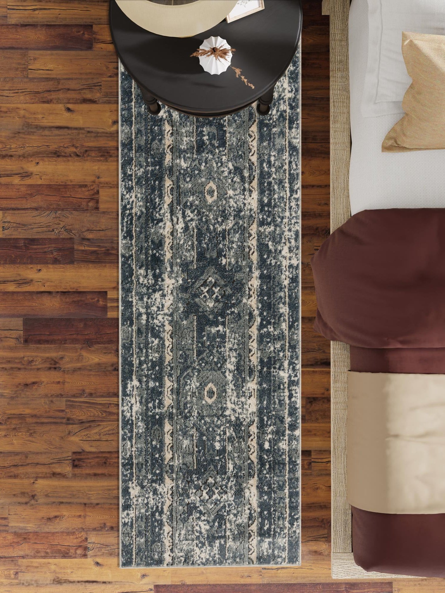 Blue 2' x 8' Portland Runner Area Rug 85% Polypropylene & 15% Polyester Vintage Distressed Traditional Carpet for Home Decor for Sale at Rug Engine