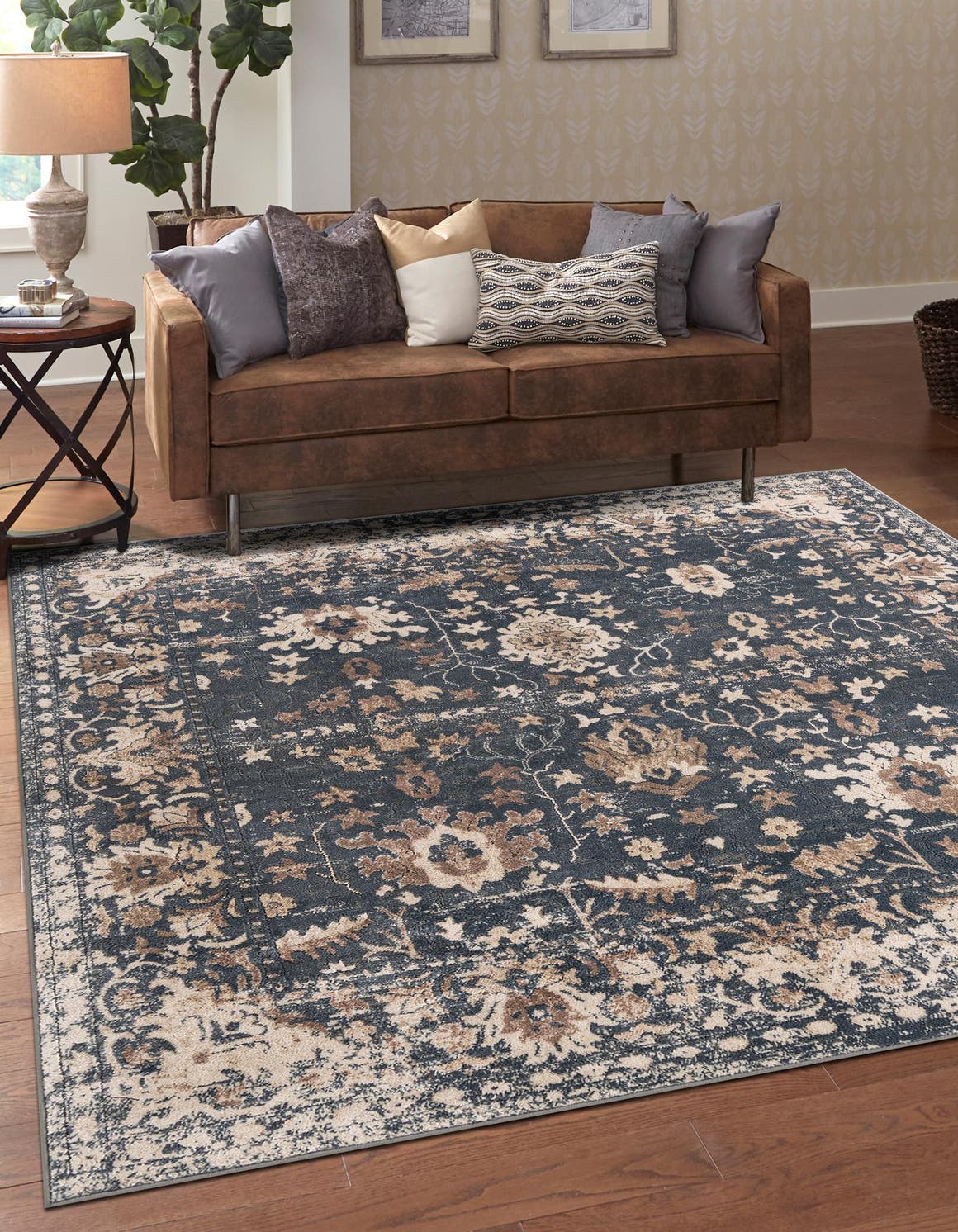 Blue 7' 10 x 7' 10 Portland Square Area Rug 85% Polypropylene & 15% Polyester Vintage Distressed Traditional Carpet for Home Decor for Sale at Rug Engine