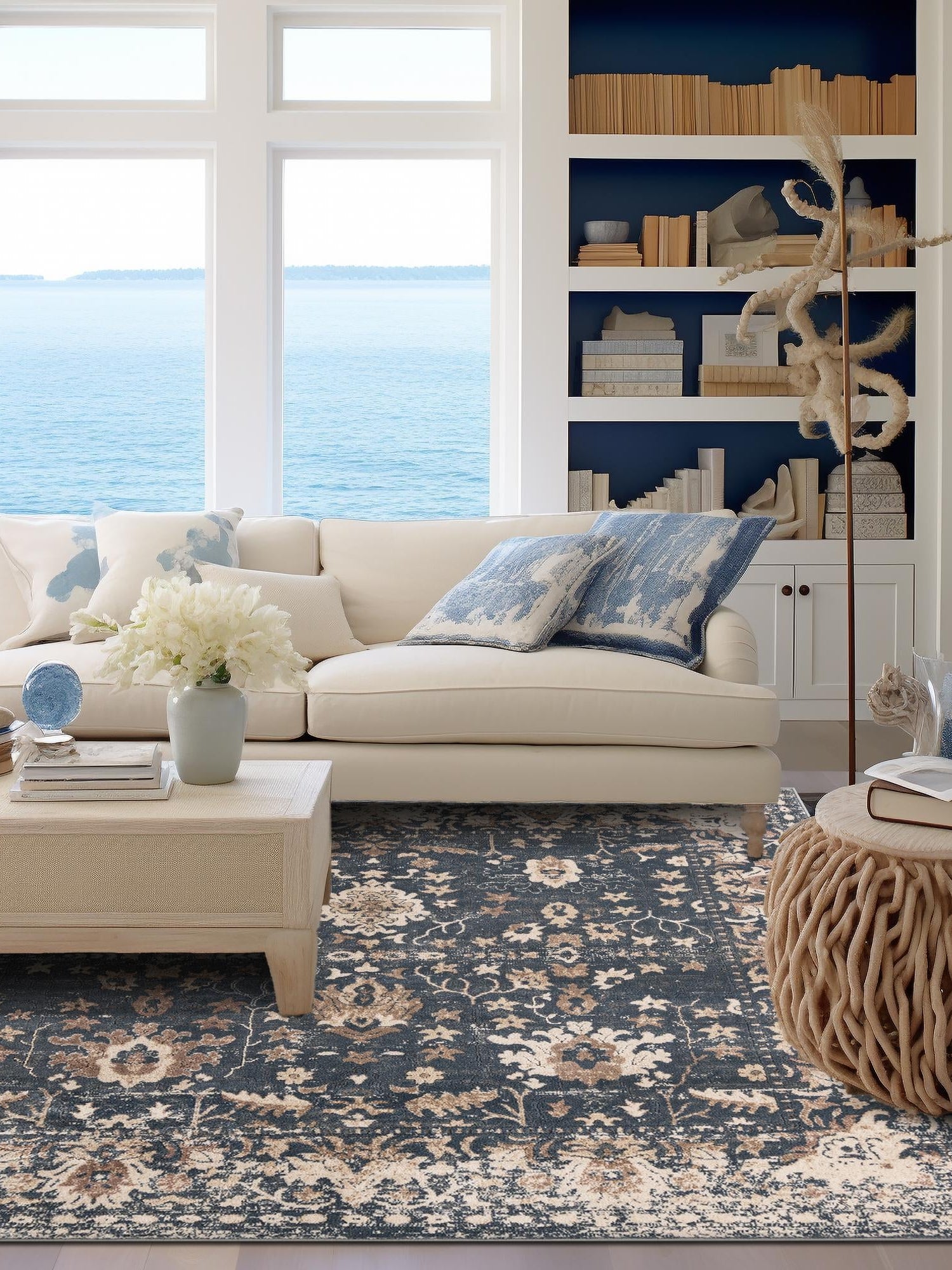 Blue 7' 10 x 7' 10 Portland Square Area Rug 85% Polypropylene & 15% Polyester Vintage Distressed Traditional Carpet for Home Decor for Sale at Rug Engine