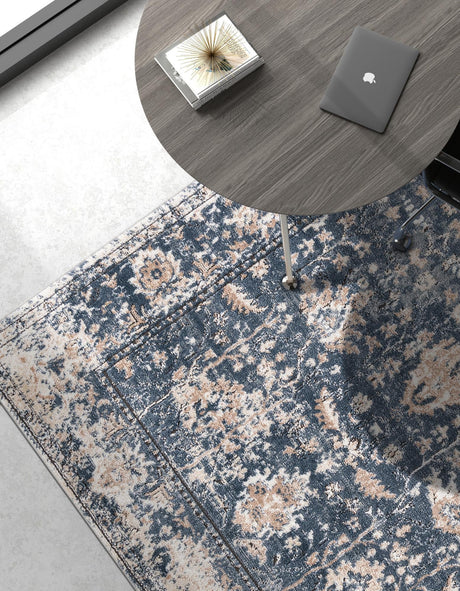 Blue 9' x 12' Portland Rectangle Area Rug 85% Polypropylene & 15% Polyester Vintage Distressed Traditional Carpet for Home Decor for Sale at Rug Engine