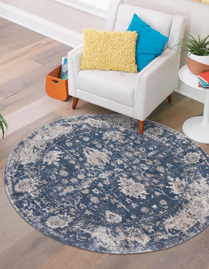 Blue 5' 3 x 5' 3 Portland Round Area Rug 85% Polypropylene & 15% Polyester Vintage Distressed Traditional Carpet for Home Decor for Sale at Rug Engine