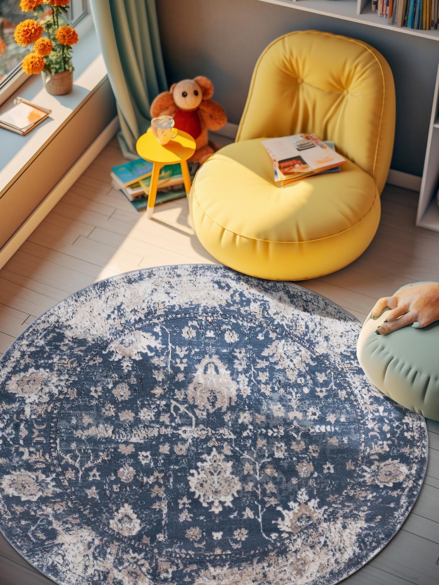 Blue 3' 1 x 3' 1 Portland Round Area Rug 85% Polypropylene & 15% Polyester Vintage Distressed Traditional Carpet for Home Decor for Sale at Rug Engine