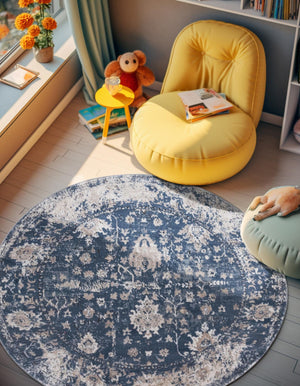 Blue 3' 1 x 3' 1 Portland Round Area Rug 85% Polypropylene & 15% Polyester Vintage Distressed Traditional Carpet for Home Decor for Sale at Rug Engine