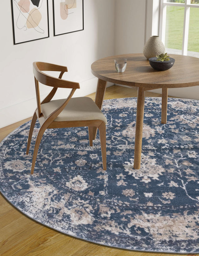 Blue 5' 3 x 5' 3 Portland Round Area Rug 85% Polypropylene & 15% Polyester Vintage Distressed Traditional Carpet for Home Decor for Sale at Rug Engine