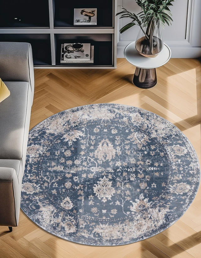 Blue 5' 3 x 5' 3 Portland Round Area Rug 85% Polypropylene & 15% Polyester Vintage Distressed Traditional Carpet for Home Decor for Sale at Rug Engine