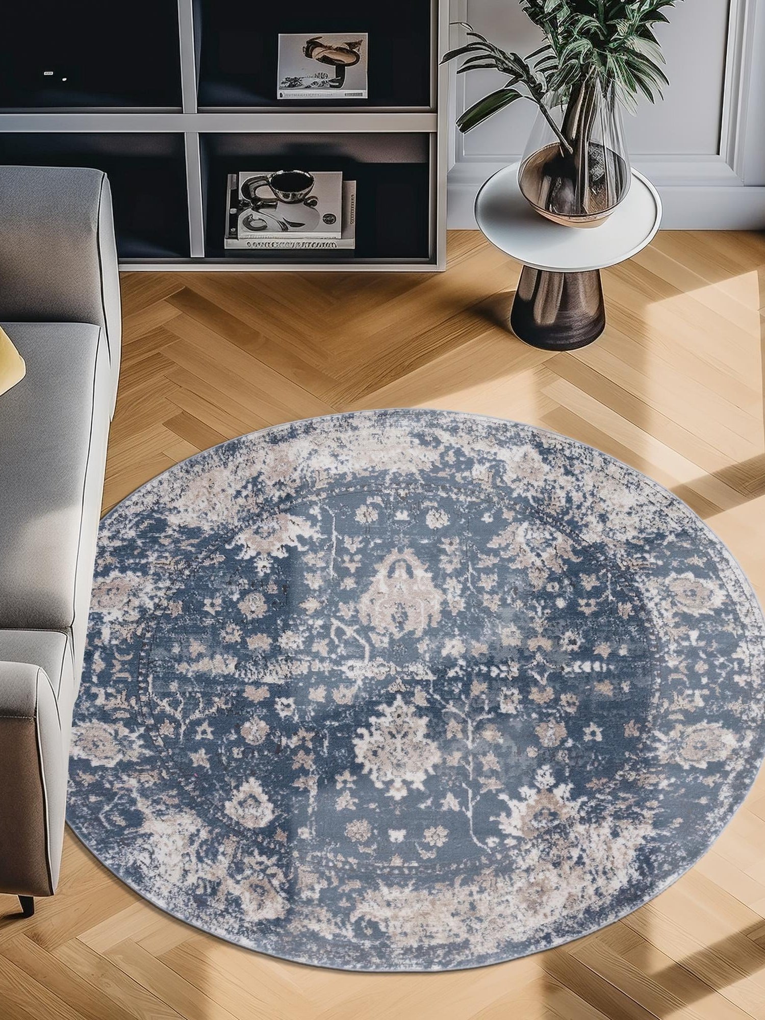 Blue 3' 1 x 3' 1 Portland Round Area Rug 85% Polypropylene & 15% Polyester Vintage Distressed Traditional Carpet for Home Decor for Sale at Rug Engine