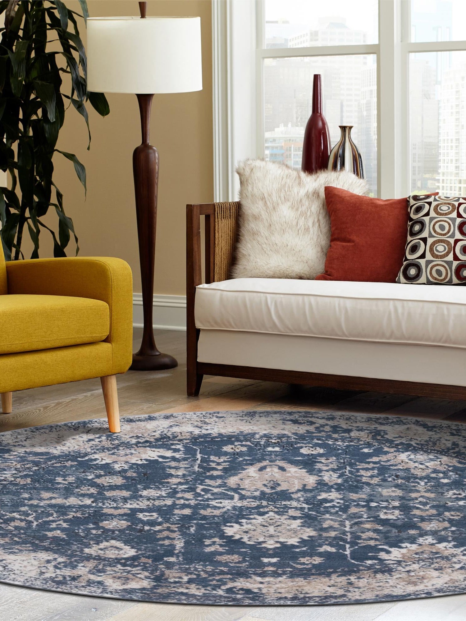 Blue 3' 1 x 3' 1 Portland Round Area Rug 85% Polypropylene & 15% Polyester Vintage Distressed Traditional Carpet for Home Decor for Sale at Rug Engine